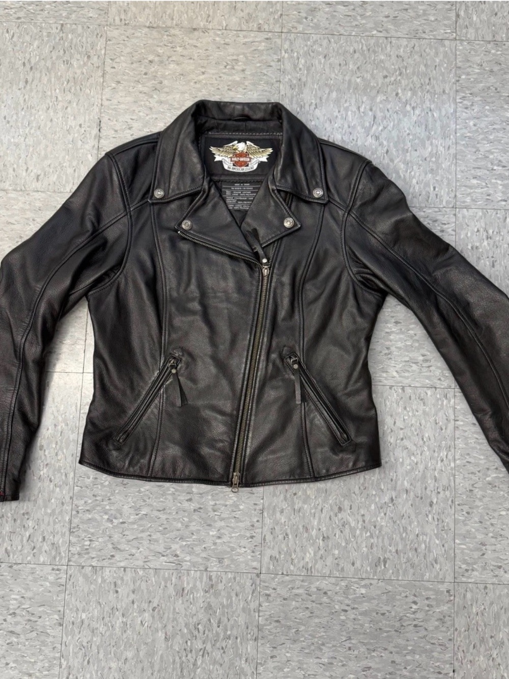 Harley-Davidson Black Leather Jacket with Spade Back Patch and Red Accents